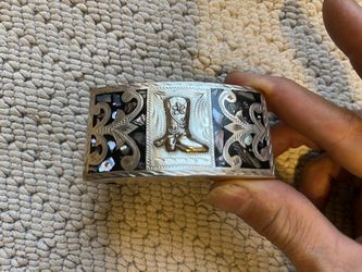 EGO Sterling Silver Cowboy Boot W/Inlaid Abalone Mexican Western Belt Buckle.