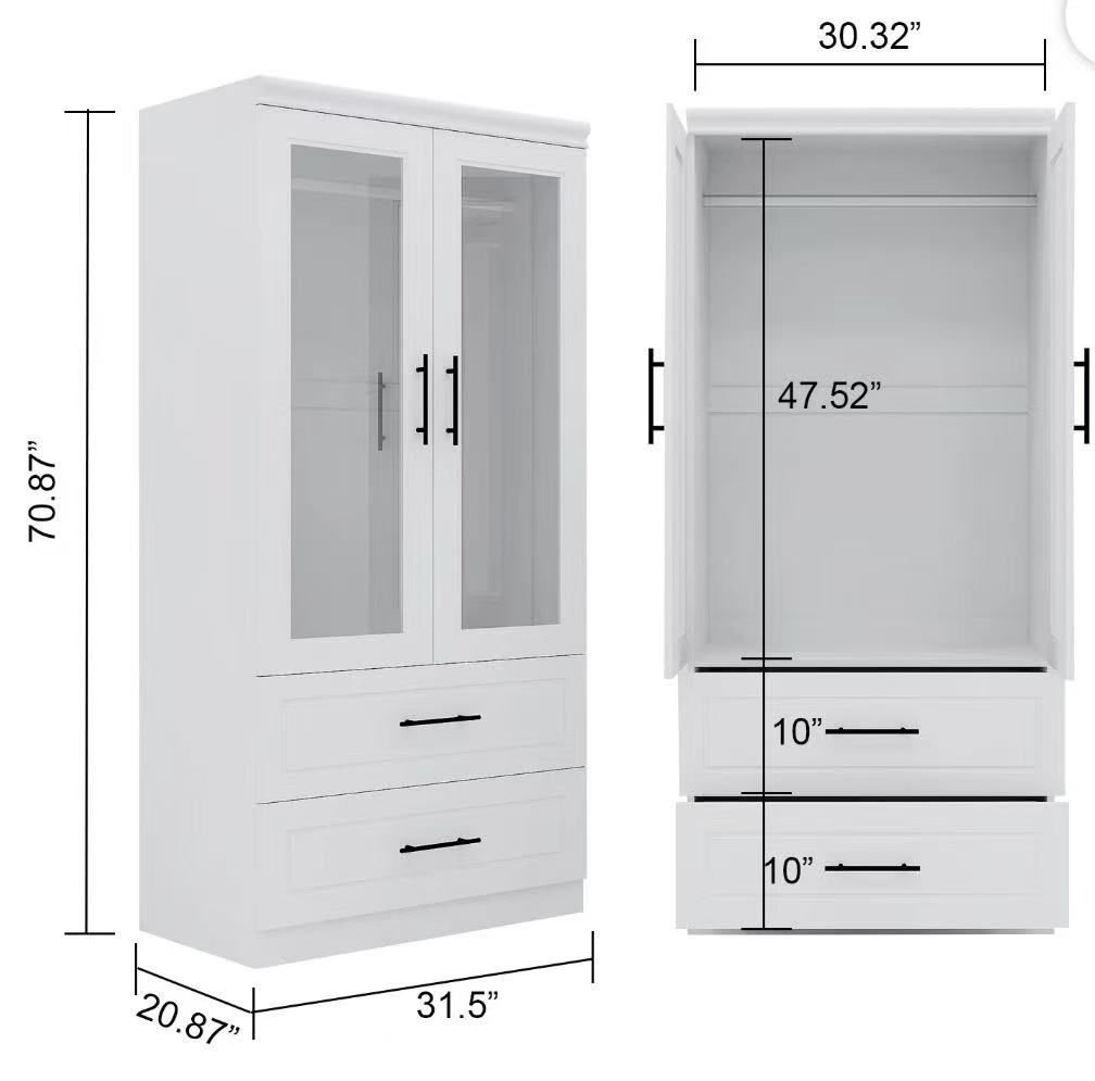 ✌️ Wardrobe Armoire Closet with 2 Doors, 2 Drawers, Hanging Rod, Modern White Freestanding Armoire