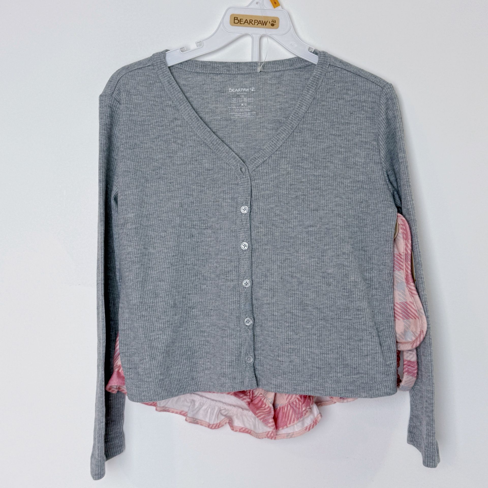 BearPaw Gray V-Neck Cardigan with Shorts Size 7/8, Girls Pajama Set
