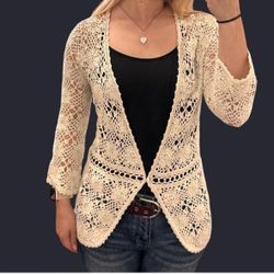 Crochet Cardigan Handmade 3/4 Sleeve Button Summer Soft Breathable Lightweight