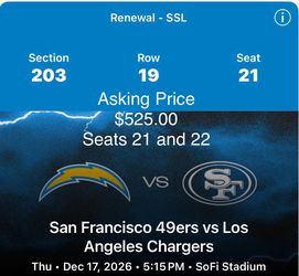 2 NFL Tickets – 49ers vs Chargers Dec 17 2026