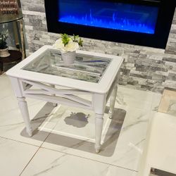 🪑 Elegant White Wood & Glass End Table