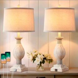 Set Of 2 Rustic Farmhouse Table Lamps for Living Room  with USB Charging Ports, Vintage Traditional Bedside Table Lamp