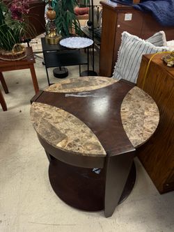 Round Wood and Stone Inlay Coffee Table