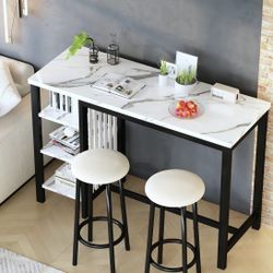 Table Set with Storage Shelves -Modern White Faux Marble Breakfast Table, Velv...
