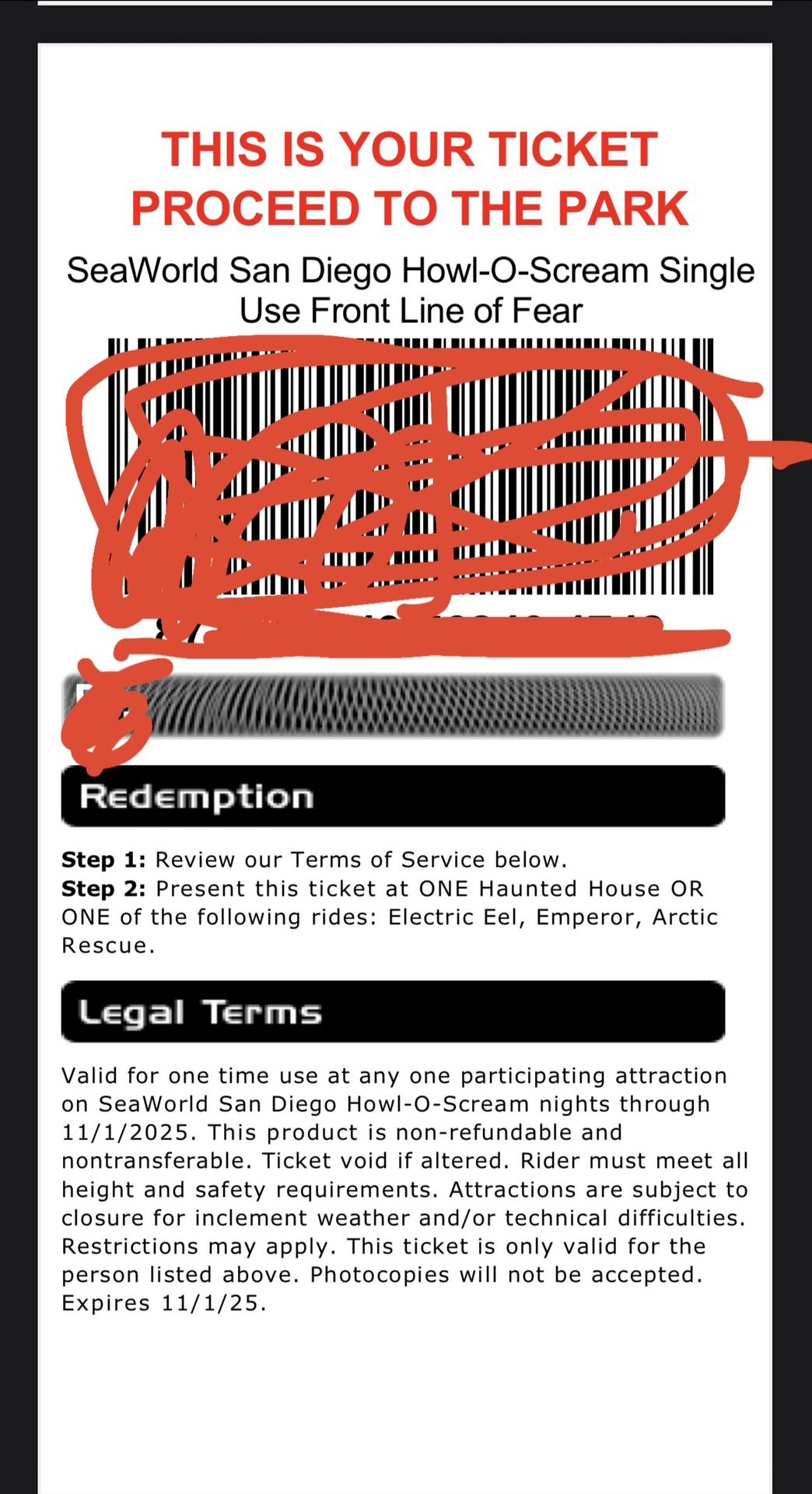 Seaworld Howl O Scream Ticket Para Línea Rápida Solo Para Un Raite