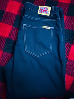 neo blue baggy black with white stitching