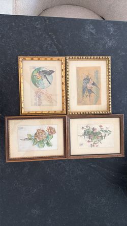 Vintage Framed Botanical & Bird Art Prints - Set of 4 (Signed MR)
