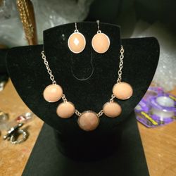 Peach Colored 20 Inch Necklace And Matching Earrings