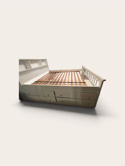 White Wood Bed Frame with Storage Drawers