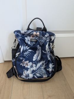 Blue Flower Print Backpack Purse With Multi Purpose Straps