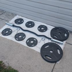 OLYMPIC CURL BAR / CLIPS / WEIGHTS 