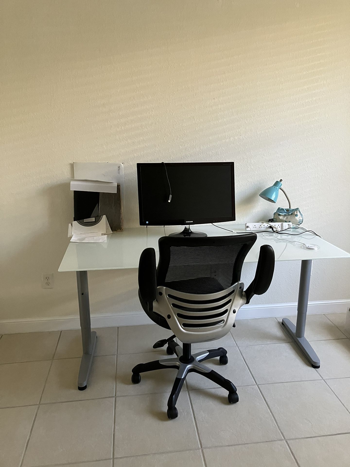 Adjustable Desk Glass Top White [ Like New]