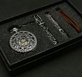 (Shipped Only) Web Hollow Black Mechanical Hand Wind Pocket Watch With Box
