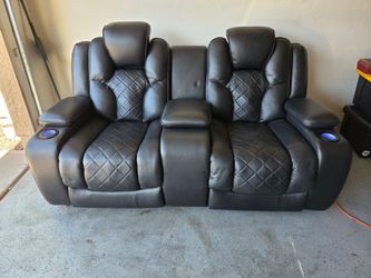 Black Leather Power Reclining Theater Loveseat