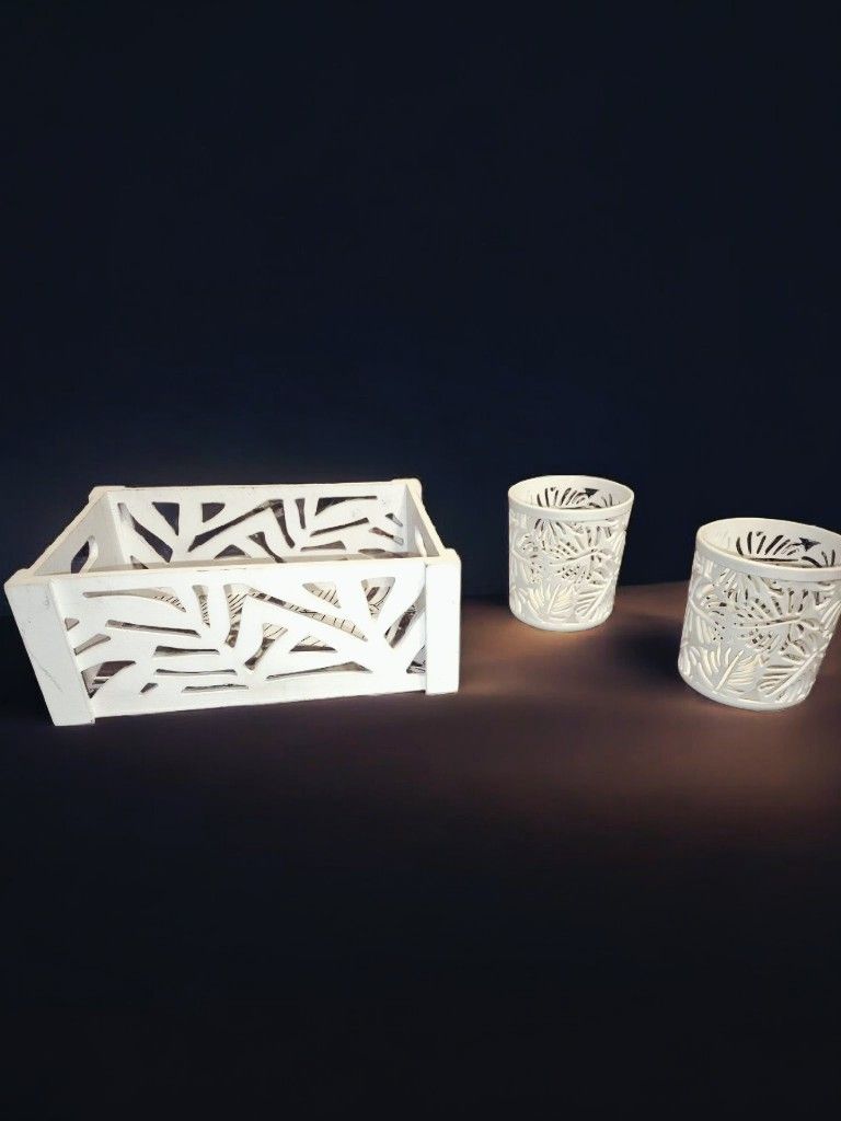 Palm Leaf Print Wood Box & Pencil/Makeup Brush Holders