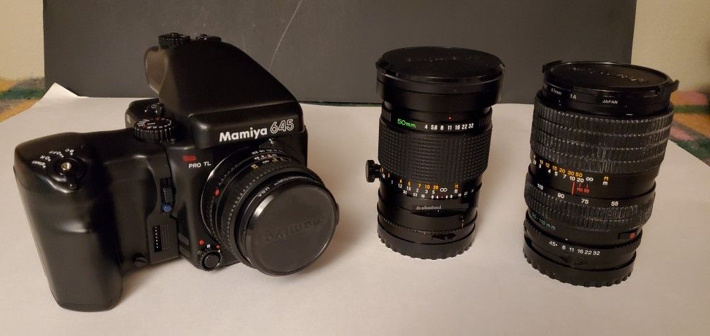 Mamiya 645 Pro TL with Power Drive Grip AE Prism Finder and 3 Lenses 