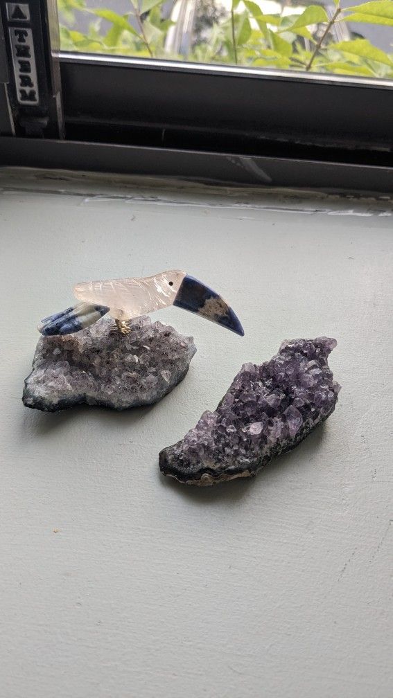 Quartz and Sodalite Toucan On Raw Amethyst