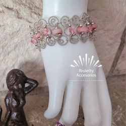 Sterling Silver 925 Bracelet Filigree Design With Pink Quartz And Zirconia
