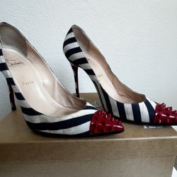 Rare Christian Louboutin Geo Pump- Navy/White Striped With Red Spiked Toe - Size 39.5