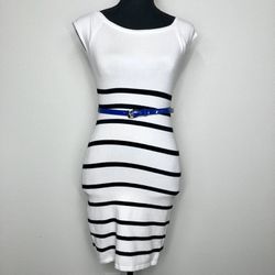 Bebe White Mini Dress with Black Nautical Stripes