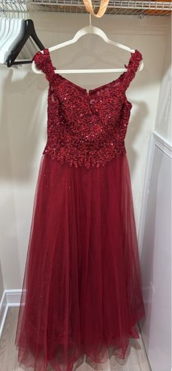 Red Sequin Bodice Tulle Ball Gown burgundy