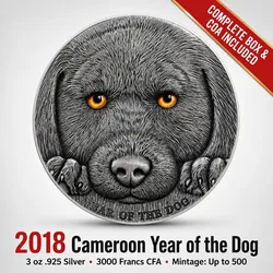 2018 Cameroon Year of Dog 3oz .925 Silver 3000 Francs Box COA Mintage 500