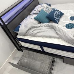 Queen Grey Bed Frame with 4 storage drawers and headboard