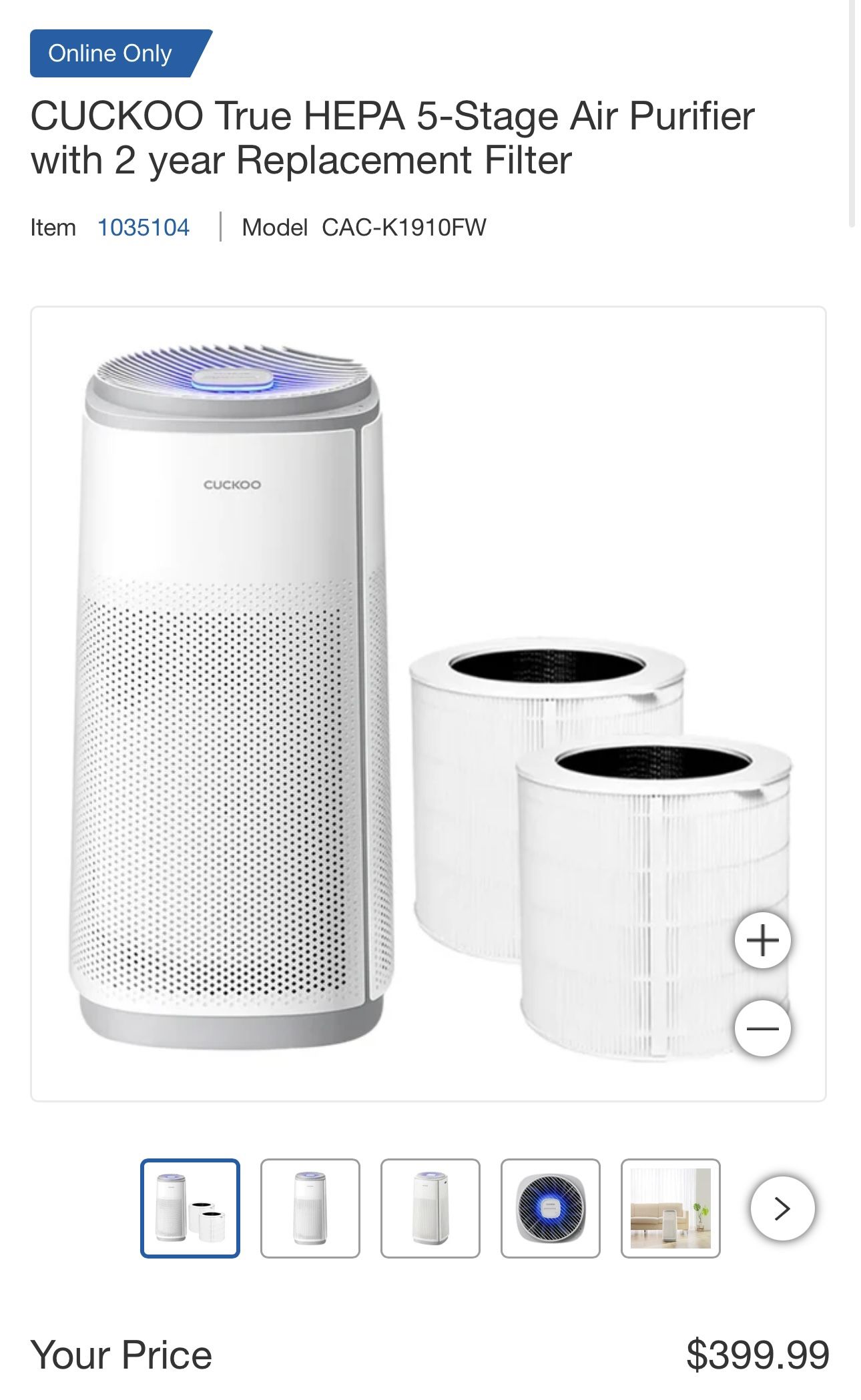 CUCKOO True HEPA 5-Stage Air Purifier with 2 year Replacement Filter