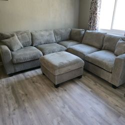 Fog Grey Corduroy Sectional and Ottoman ~BRAND NEW~