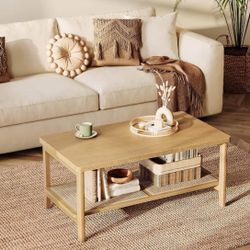 2-Tier Coffee Table for Living Room, Rectangular Living Room Table, with PVC Rattan Storage Shelf, Rounded Corners, Easy Assembly, Boho St