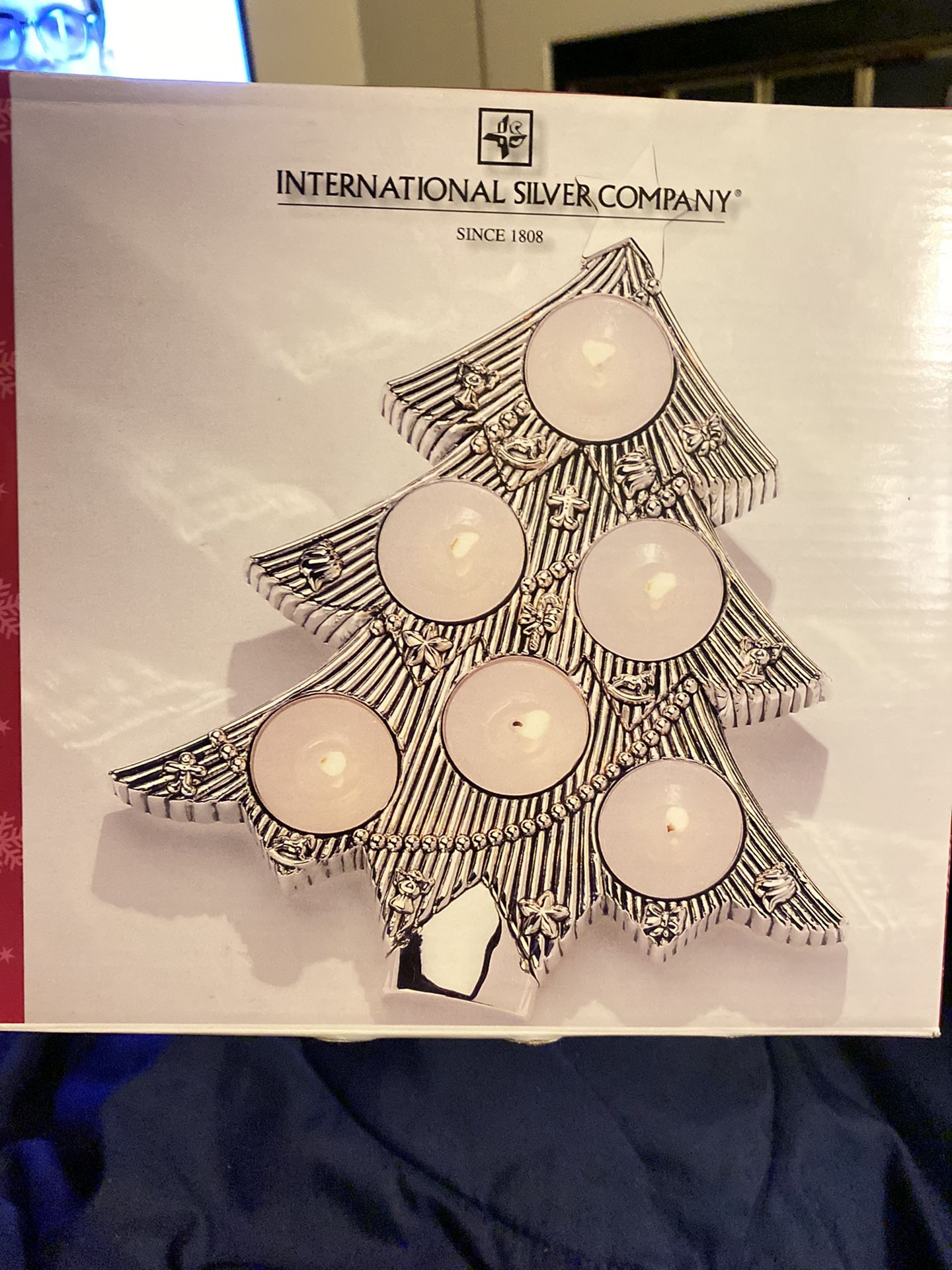 Intl. Silver Company Christmas Tree Tabletop Tealight Candle Holder Silverplate with candles
