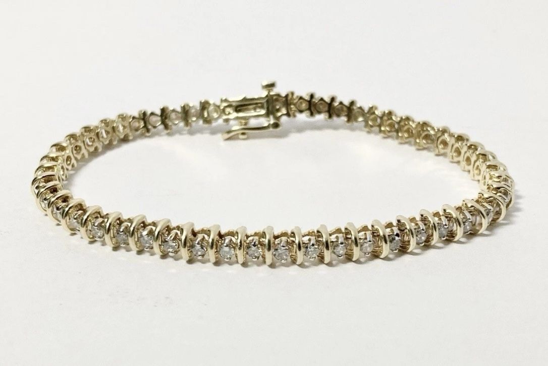 🇮🇹14K Yellow Gold & 1.3 CTW Natural Diamond S-Link Classic Tennis Bracelet 7” 12.09 Grams