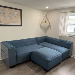 Coastal Blue 3 Piece sectional With Ottoman 