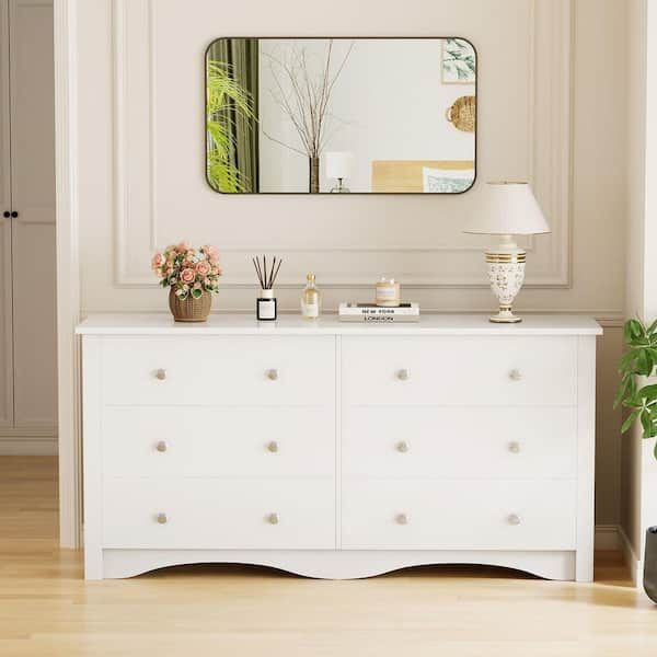New Modern Double Dresser with 6 Drawers, Wide Chest Storage Organizer and TV Stand for Bedroom, Living Room, Hallway, Dormitory, New in box T-WD23-0