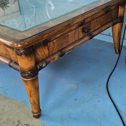 Wooden Coffee Table With Sunburst Pattern Top And Drawer By Schnadig Furniture 41" X 21"H