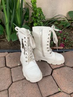White Lace-Up Combat Boots with Side Zipper