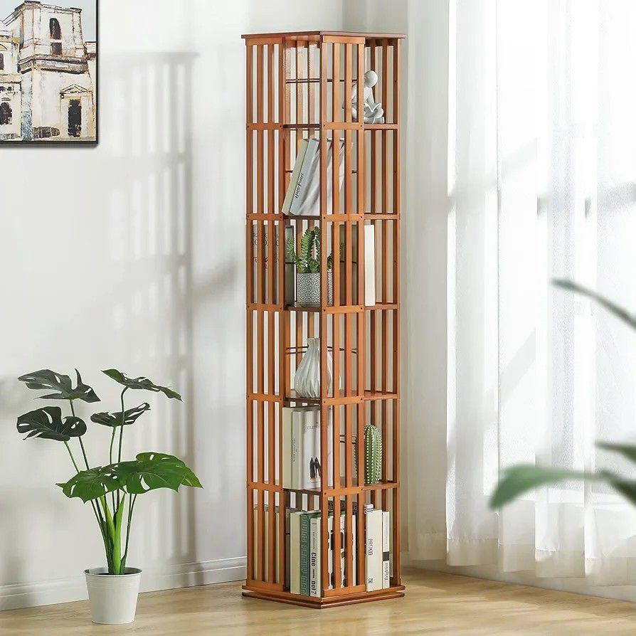 Corner Rotate Bookshelf,5/6tier Bamboo Rotary Bookshelf 360°Rotating Bookshelf Storage Display Rack Standing Shelves with Open Design Shelving for