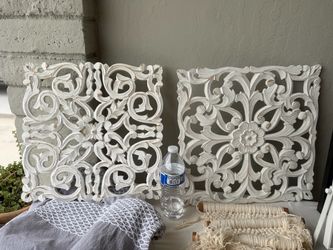 White Carved Wood Wall Panels Set of 2