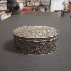 Vintage Oval Metal Trinket Box, Ornate W/Scrolling Filigree Floral Designs & Red Satin Inside & Hinged Lid 4.24" X 3" X 1.75"H
