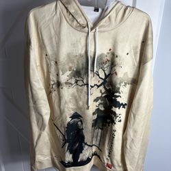 Men’s Japanese Ink Samurai Art Print Hoodie Beige Sz L/XL