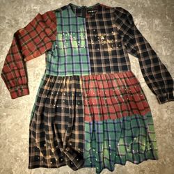 Teddy Fresh medium brown red green Multi Plaid Dress long sleeve knee length