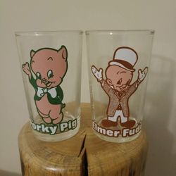 Elmer Fudd And Porkey Pig  1976 Warner Brothers 10oz Jelly Glasses 