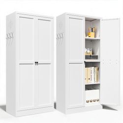 Kitchen Pantry Cabinet,White Metal Pantry Cabinet with 2 Doors & 3 Adjustable Shelves,61" Farmhouse Utility Storage Cabinet for Living Room