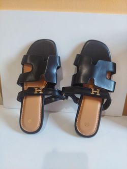 Black H-Strap Flat Sandals Size 36