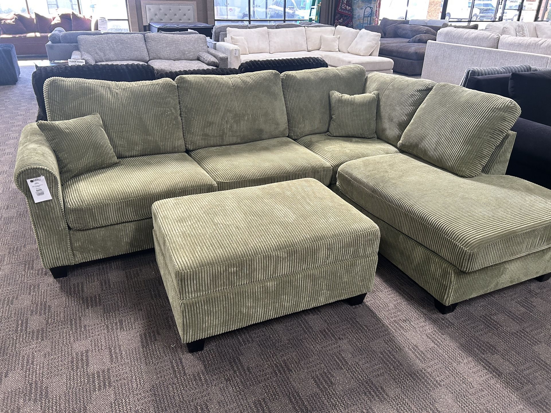Sage Green Sectional W/ Storage Ottoman 