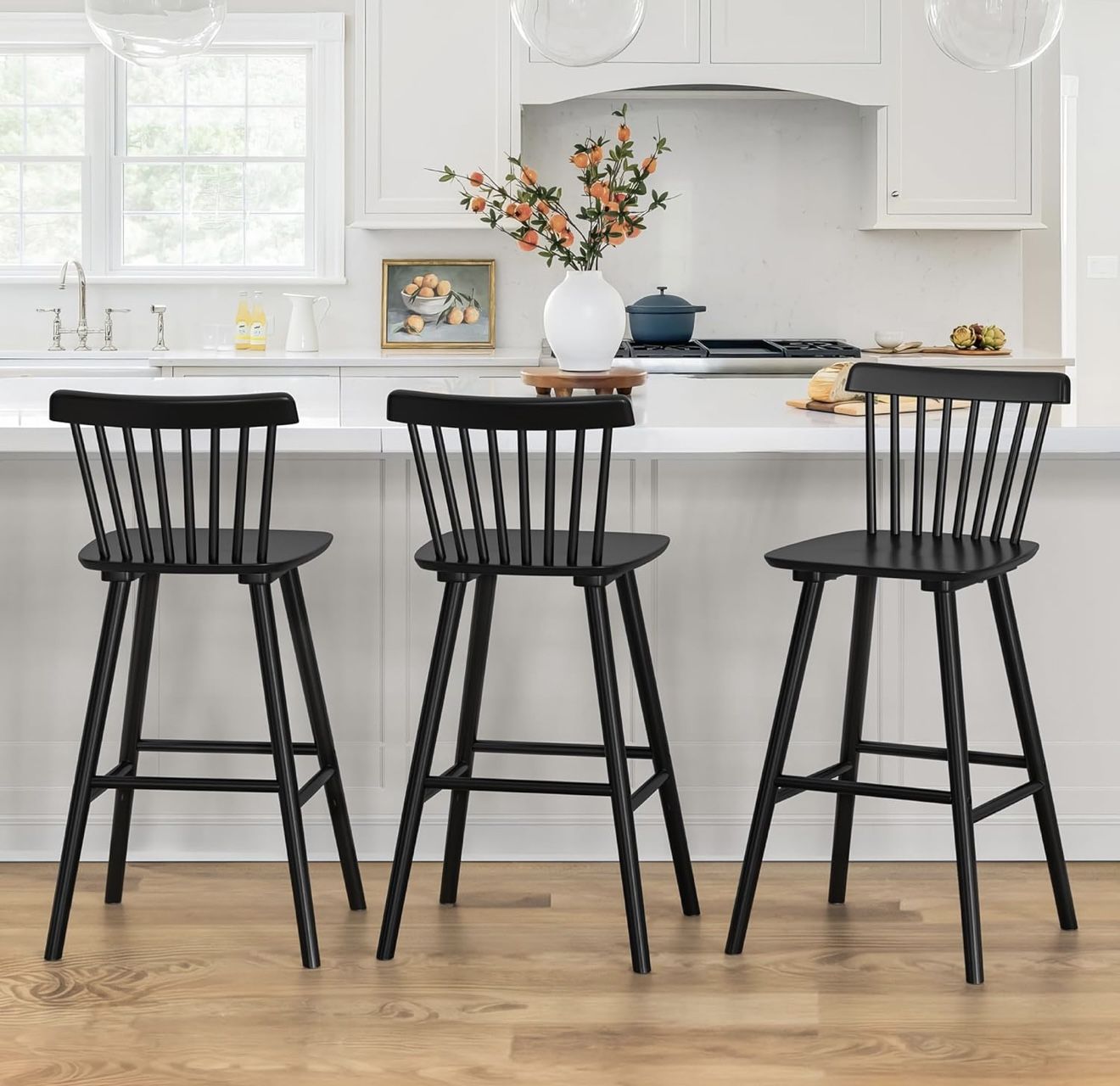 Upgraded Windsor Wooden Black Bar Stools Set of 3, 30 Inch