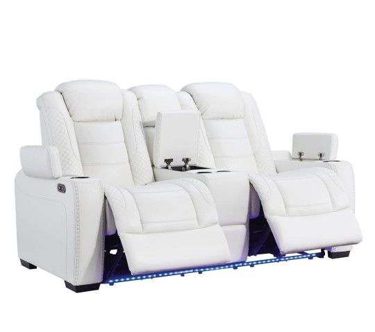 Party Time Power White Reclining Loveseat with Console
