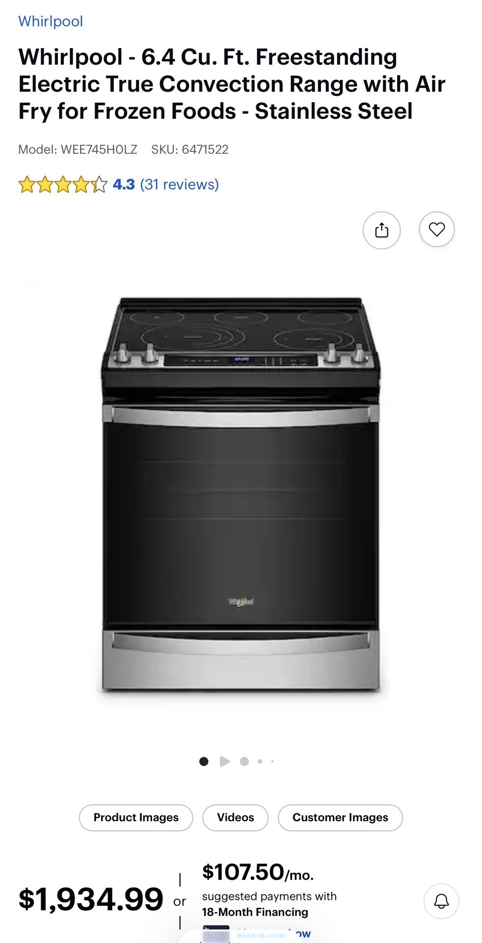 Whirlpool Electric Range 6.4 Cu Air Fry New WEE745HOLZ