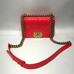 CHANEL small  Boy Flap Bag Neon Pink Leather Gold Hardware 100% Authentic